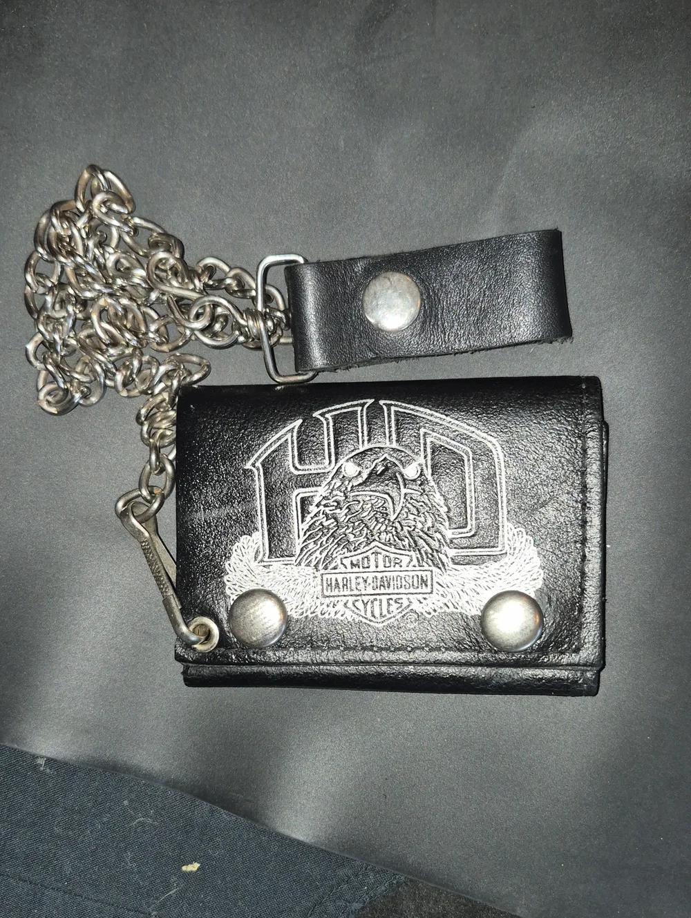 Vintage Harley-Davidson Black Leather Trifold Wallet with Silver Chain